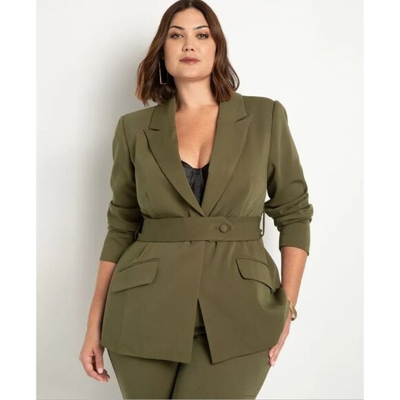 Eloquii Jackets & Blazers - Eloquii Blazer Jacket sz 18 Army Green Belt Detail Peak Lapel Office Preppy NWT
